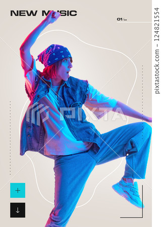 Dynamic image of young female hip hop dancer in motion, lit with vivid blue-pink neon, title NEW MUSIC above. 124821554