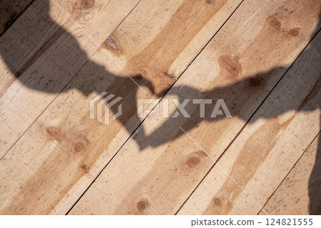 A couple makes a heart shape with the shadows of their hands on wood 124821555