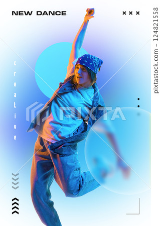 Young woman in denim, hip hop dancer performing against abstract background with neon and typography elements. 124821558