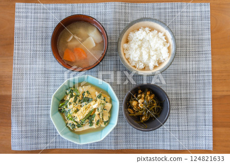 Japanese-style breakfast of miso soup and eggs Japanese-style breakfast of miso soup and eggs 124821633