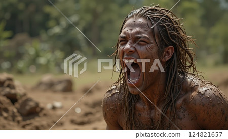 Man caked in dirt, screaming raw catharsis outdoors. Man caked in dirt, screaming raw catharsis outdoors. 124821657