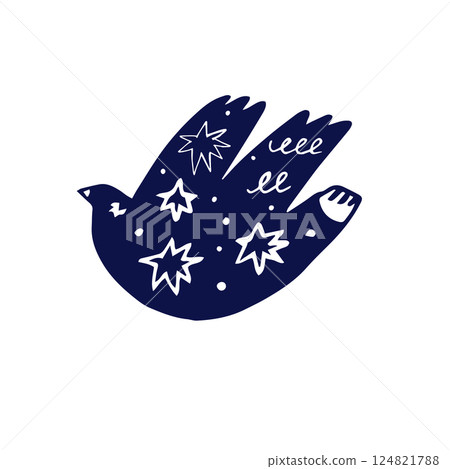 Whimsical Folk Art Bird Silhouette with Abstract Elements. Hand-Drawn Botanical Bird Illustration Whimsical Folk Art Bird Silhouette with Abstract Elements. Hand-Drawn Botanical Bird Illustration 124821788