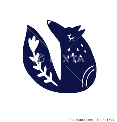 Whimsical Folk Art Fox Silhouette with Floral Elements. Hand-Drawn Botanical and Celestial Fox Illustration 124821795