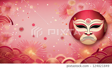 Japanese style abstract kabuki mask and fireworks background 124821849