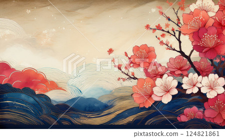 春天櫻花盛開的日式山景背景 124821861