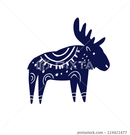 Whimsical Folk Art Elk Silhouette with Abstract Elements. Hand-Drawn Moose Illustration in Navy Blue and White Whimsical Folk Art Elk Silhouette with Abstract Elements. Hand-Drawn Moose Illustration in Navy Blue and White 124821877