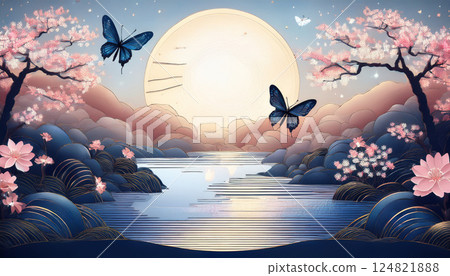 櫻花與滿月交相輝映的夢幻夜景 124821888