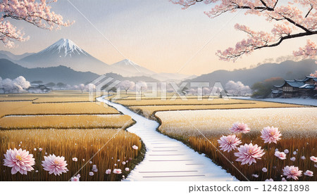 Spring rice fields and Mt. Fuji create a rural Japanese landscape 124821898