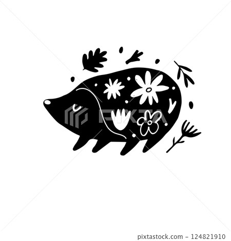 Whimsical Folk Art Hedgehog Silhouette with Floral Elements. Hand-Drawn Botanical Hedgehog Illustration. 124821910