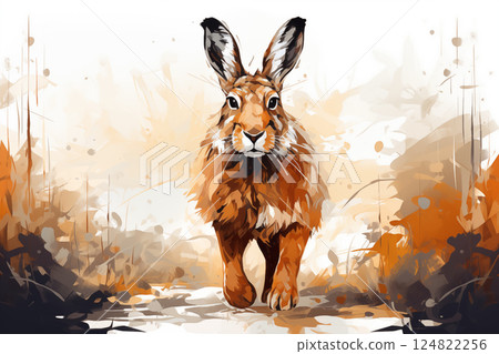 A hare walks looks forward on a white background. illustration in watercolor 124822256