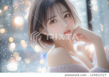 Cute young woman on a sparkling background. Beauty, health, beauty, cosmetics, skin care advertising design material 124822327