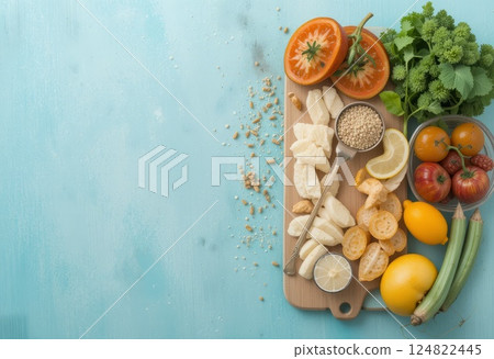 Healthy nutrition of weight loss on blue background. 124822445