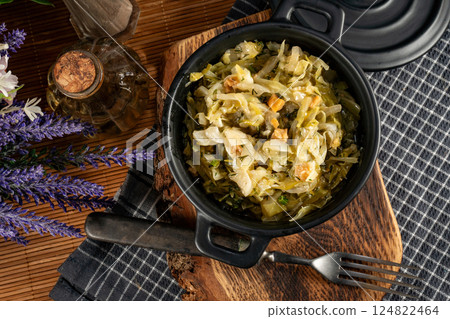 Stewed cabbage with onion and greaves. Stewed cabbage with onion and greaves. 124822464