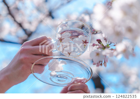 Floating a cherry blossom in a cup of water Floating a cherry blossom in a cup of water 124822535