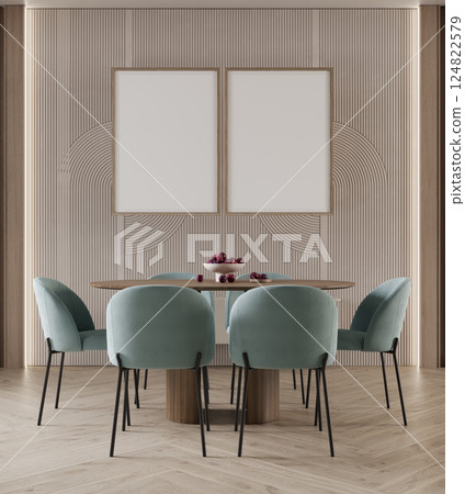 Two poster frames mockup in modern dining room with blue chair and table, 3d rendering 124822579