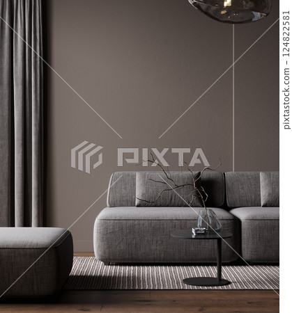 Stylish dark chocolate living room interior with gray sofa mock up, modern interior background, empty mocha wall mockup, 3d illustration 124822581