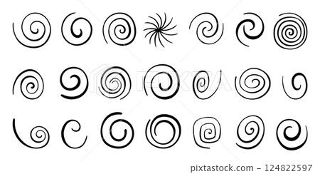 Doodle spiral set. Hand drawn spirals, isolated sketch whirlpool symbols. Different ink swirls elements, decorative neoteric vector collection 124822597
