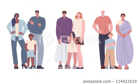 Multicultural families. Happy parents with children, african asian european characters. People in traditional outfits, international relationship vector set 124822620