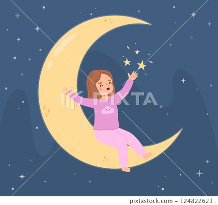 Happy child sitting on crescent in night sky. Girl dreaming with moon and stars. Cartoon toddler wear pajama, sleep time for baby, vector illustration Happy child sitting on crescent in night sky. Girl dreaming with moon and stars. Cartoon toddler wear pajama, sleep time for baby, vector illustration 124822621