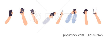 Hands holding smartphones, different poses. Digital addiction, human hand using smartphone. Scrolling social media, finding information, vector elements 124822622