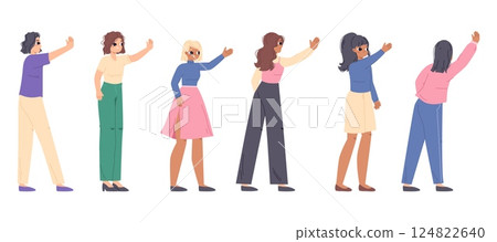 Female different gestures. Greets, say stop, waves her hand. Young female characters in casual outfits. Isolated cartoon characters vector set Female different gestures. Greets, say stop, waves her hand. Young female characters in casual outfits. Isolated cartoon characters vector set 124822640