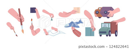 Different things in hands. Toys, paint brushes, map, cubes, airplane. Business communication, children play, table game. Human hand holding, vector set 124822641