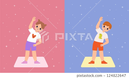 Children doing gymnastics. Morning or evening sport training for kids. Cute cartoon girl boy in sports uniform, child stretch, vector funny characters 124822647