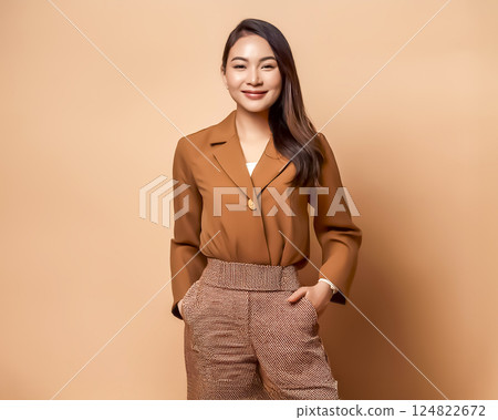 身著無性別時裝的年輕女商人的形象 身著無性別時裝的年輕女商人的形象 124822672