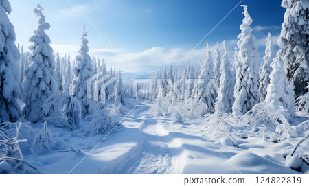 winter panorama on the road through coniferous forest. Winter landscape 124822819