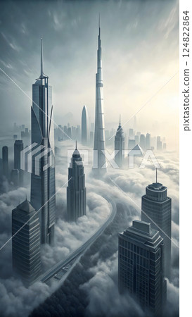 city was shrouded in thick fog with only the tops of the skyscrapers visible 124822864