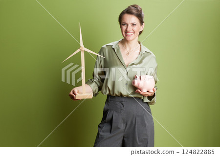 Green Investment: Woman & Wind Turbine Model 124822885