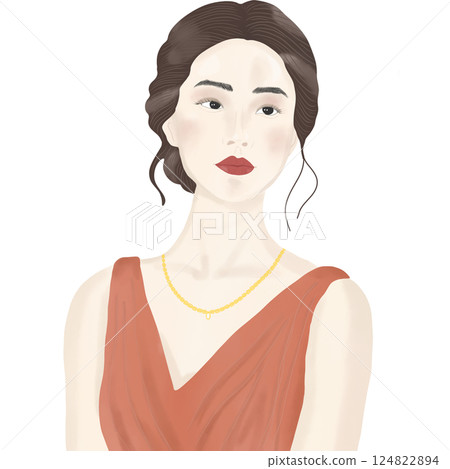 A beautiful woman with dark hair styled in an elegant updo, wearing a rust-colored dress and a delicate gold necklace. A beautiful woman with dark hair styled in an elegant updo, wearing a rust-colored dress and a delicate gold necklace. 124822894