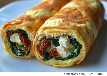 A rolled omelette with feta cheese, spinach, and sun-dried tomatoes, perfect for a healthy breakfast A rolled omelette with feta cheese, spinach, and sun-dried tomatoes, perfect for a healthy breakfast 124823065