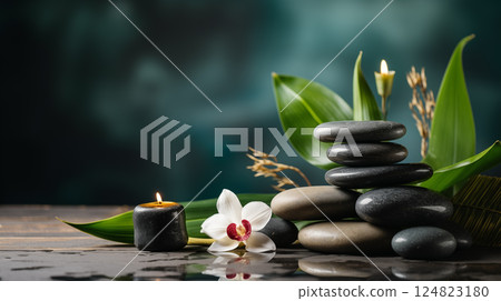 Beautiful spa composition. Couple Towels With Candles And Orchid For Natural Massage 124823180