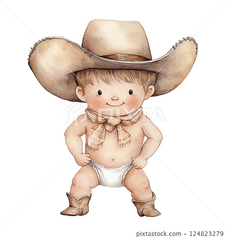 Cute cowboy baby with a big hat and boots. Western country aesthetic. Wild West isolated clipart. 124823279
