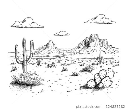 Wild West prairie desert with cactuses and mountains. Vintage cowboy scene. Wild West prairie desert with cactuses and mountains. Vintage cowboy scene. 124823282