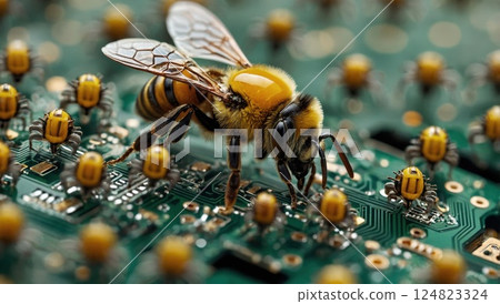 Futuristic robotic bee on circuit board Futuristic robotic bee on circuit board 124823324