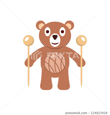 Knitted plush toy with cartoon bear illustration, knitting needles and ball of thread. Isolated vector drawing on white background. Knitted plush toy with cartoon bear illustration, knitting needles and ball of thread. Isolated vector drawing on white background. 124823428