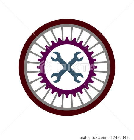 Bike repair and servicing logo. Bicycle wheel and crossed wrenches. Vector illustration. 124823433