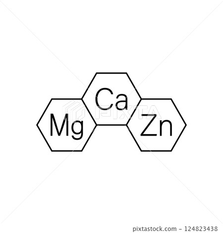 Calcium, magnesium and zinc vitamins. Ca, Mg, Zn icon and logo. Vector clipart and drawing. Isolated illustration on white background. Calcium, magnesium and zinc vitamins. Ca, Mg, Zn icon and logo. Vector clipart and drawing. Isolated illustration on white background. 124823438