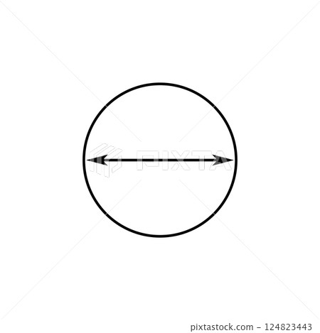 Circle with arrow inside. Vector drawing round shape with size and diameter. Icon on white background.  124823443