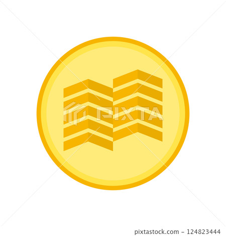 Golden coin and skyscraper, office business building, multi storey residential building. Abstract round logo illustration. Vector drawing on white background. 124823444