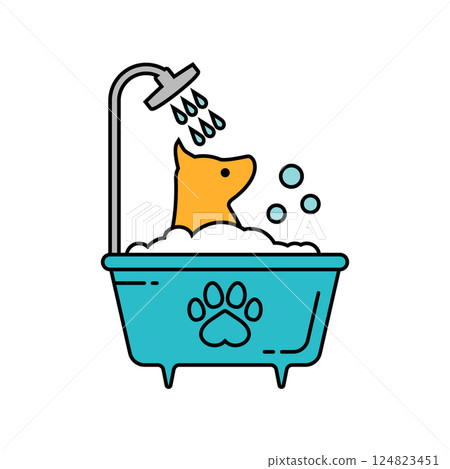 The dog having bath. Pet shower. The dog is washing in the bathtub. Outline and line style. Isolated colored vector illustration on white background. The dog having bath. Pet shower. The dog is washing in the bathtub. Outline and line style. Isolated colored vector illustration on white background. 124823451