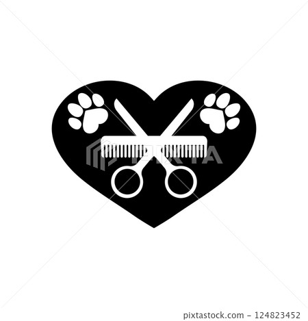 Dog grooming logo design template. Dog pawprint with comb and scissors. Vector clipart and drawing. Isolated illustration on white background. 124823452