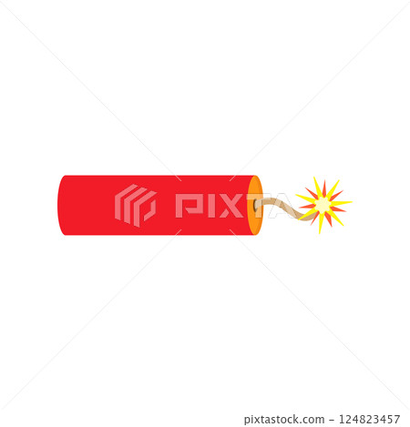 Red dynamite stick with burning wick. Vector illustration. 124823457