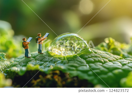 Miniature hikers explore a large water droplet on a vibrant green leaf 124823572