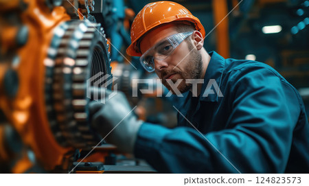 Worker examines machinery components in an industrial setting Worker examines machinery components in an industrial setting 124823573