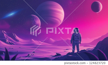 Astronaut explores a vibrant alien landscape under colorful celestial bodies at dusk 124823720