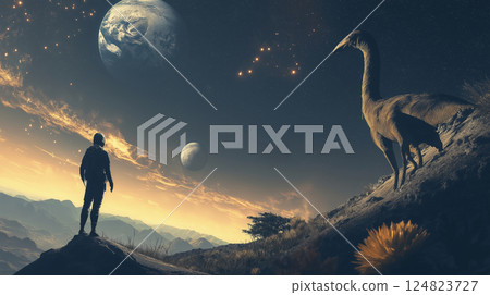 Exploring a surreal landscape with a giant dinosaur under alien skies and multiple moons 124823727