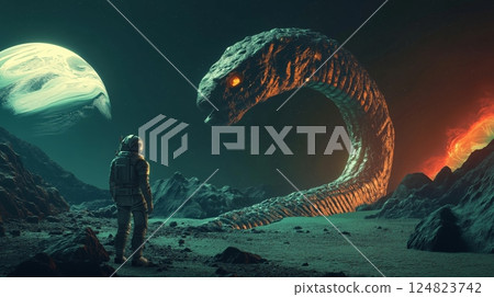 Astronaut encounters a giant fiery serpent in a surreal extraterrestrial landscape at night 124823742